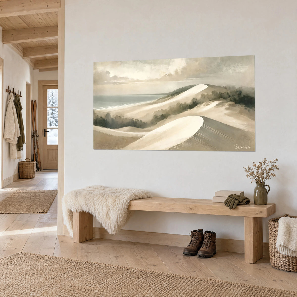 Wall art ivory sand ridge overlooking the blue-grey ocean, dark green pines, three-quarter view on a white wall