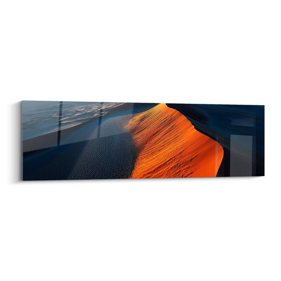 Tableau dune orange au coucher soleil avec reflets bleus, format panoramique feng shui nord-est terre
