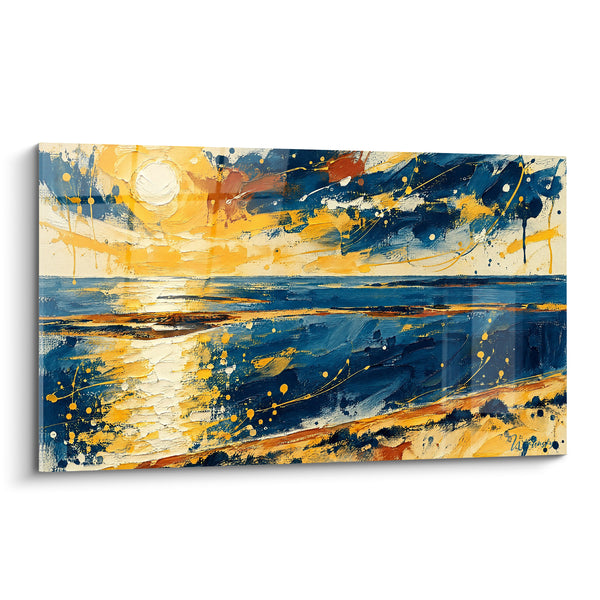 Tableau Marée dorée au coucher de soleil bleu - Soleil sur l'estran - Edition Dune du Pilat Nouvelle-Aquitaine France