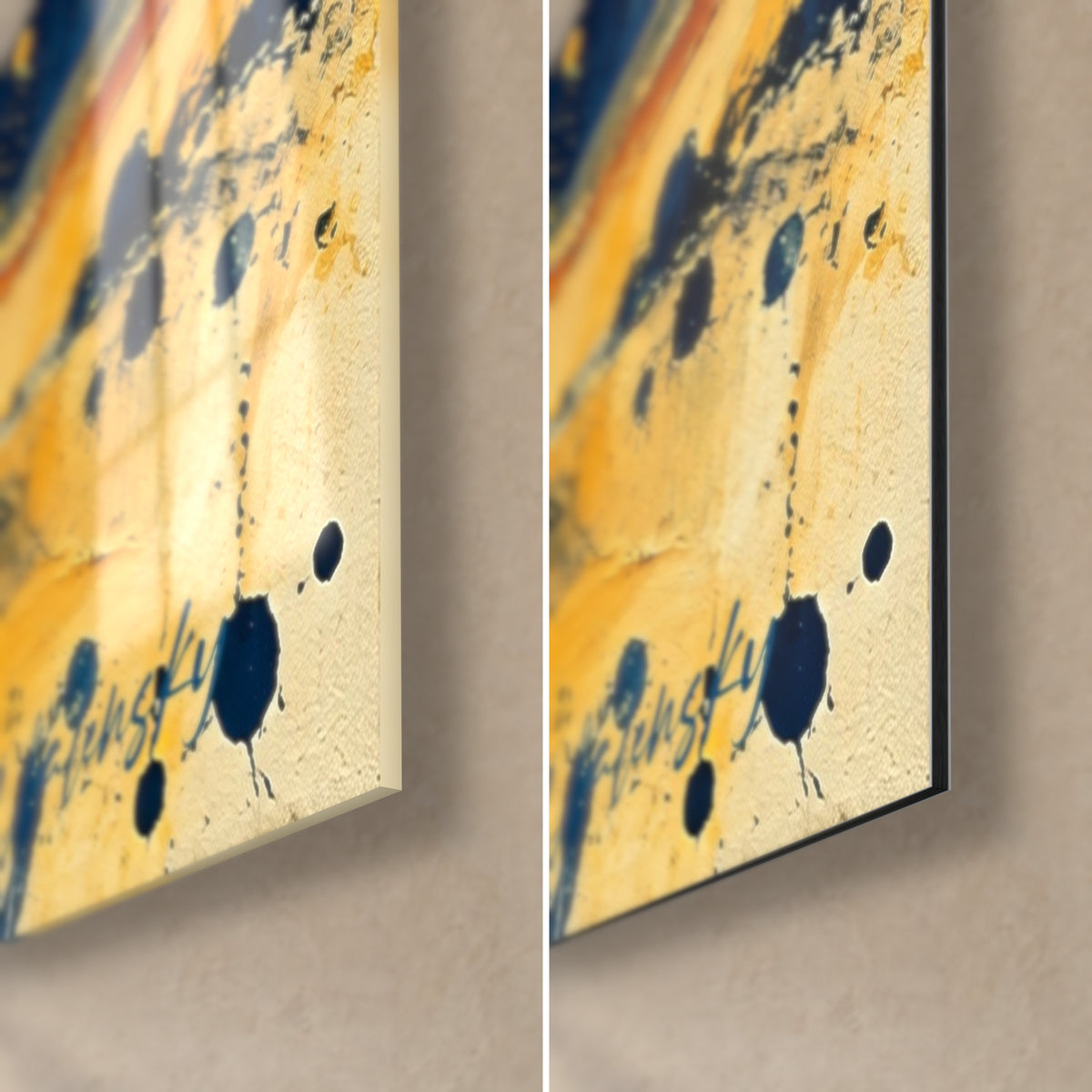Tableau coucher de soleil peint, éclaboussures bleu marine sur fond jaune pâle, coin bas droit verre brillant et Dibond mat
