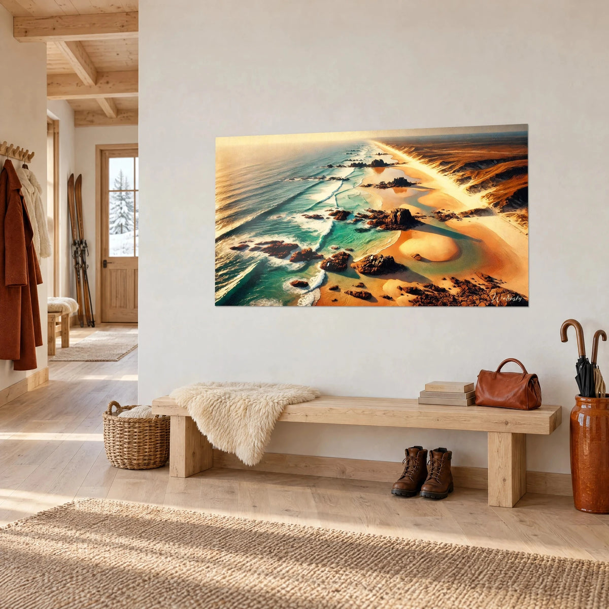 Wall art golden beach streaked with white foam, emerald water and dark rocks, hung above a wooden bench in a chalet