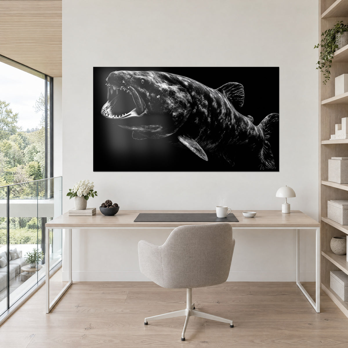 Πίνακας τεράστιο Dunkleosteus με ασημένιες ανακλάσεις, στρογγυλό μάτι με λευκό περίγραμμα, μαύρο φόντο, λευκό γραφείο και μπεζ πολυθρόνα