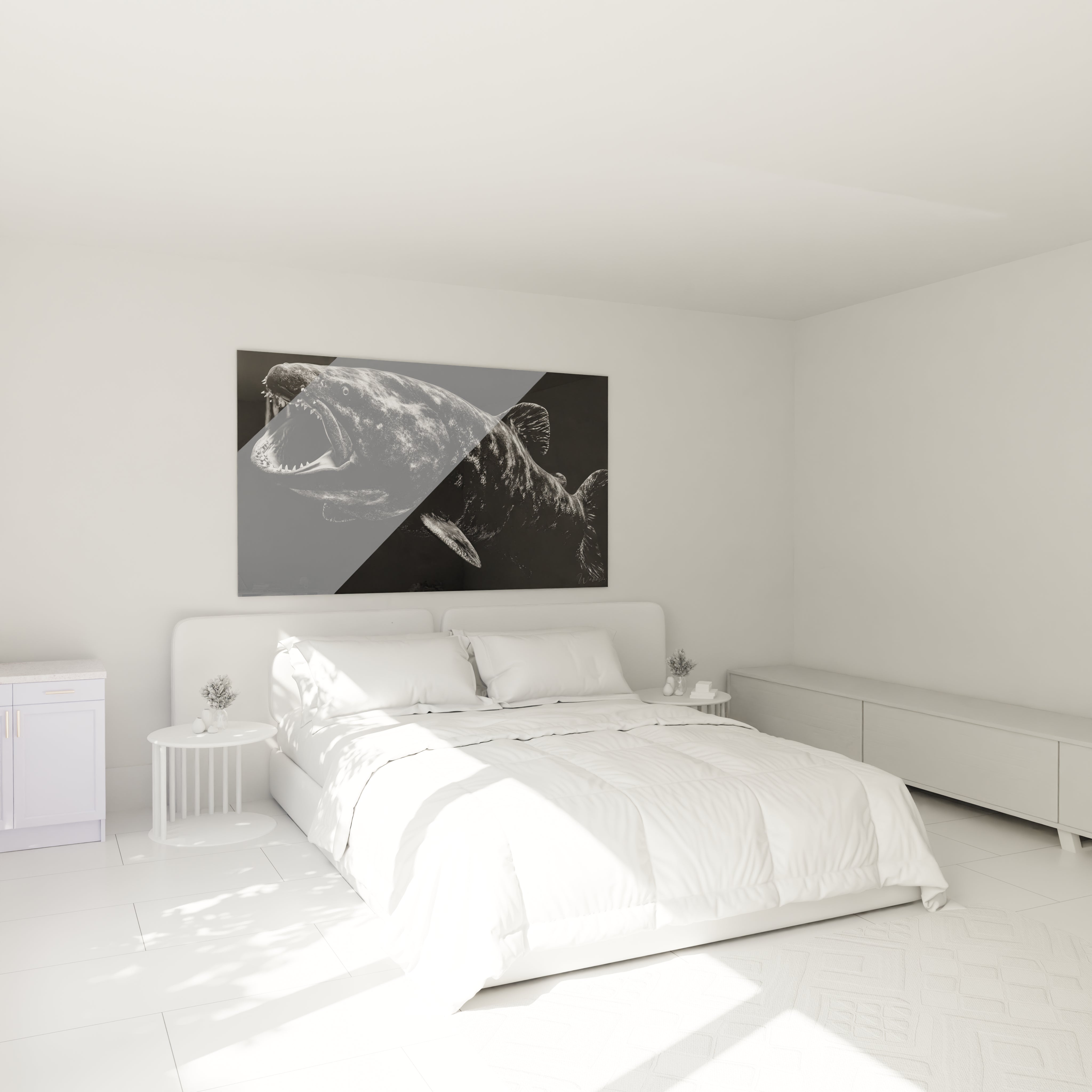 Tableau Dunkleosteus noir et blanc installé dans une chambre moderne, décoration murale préhistorique