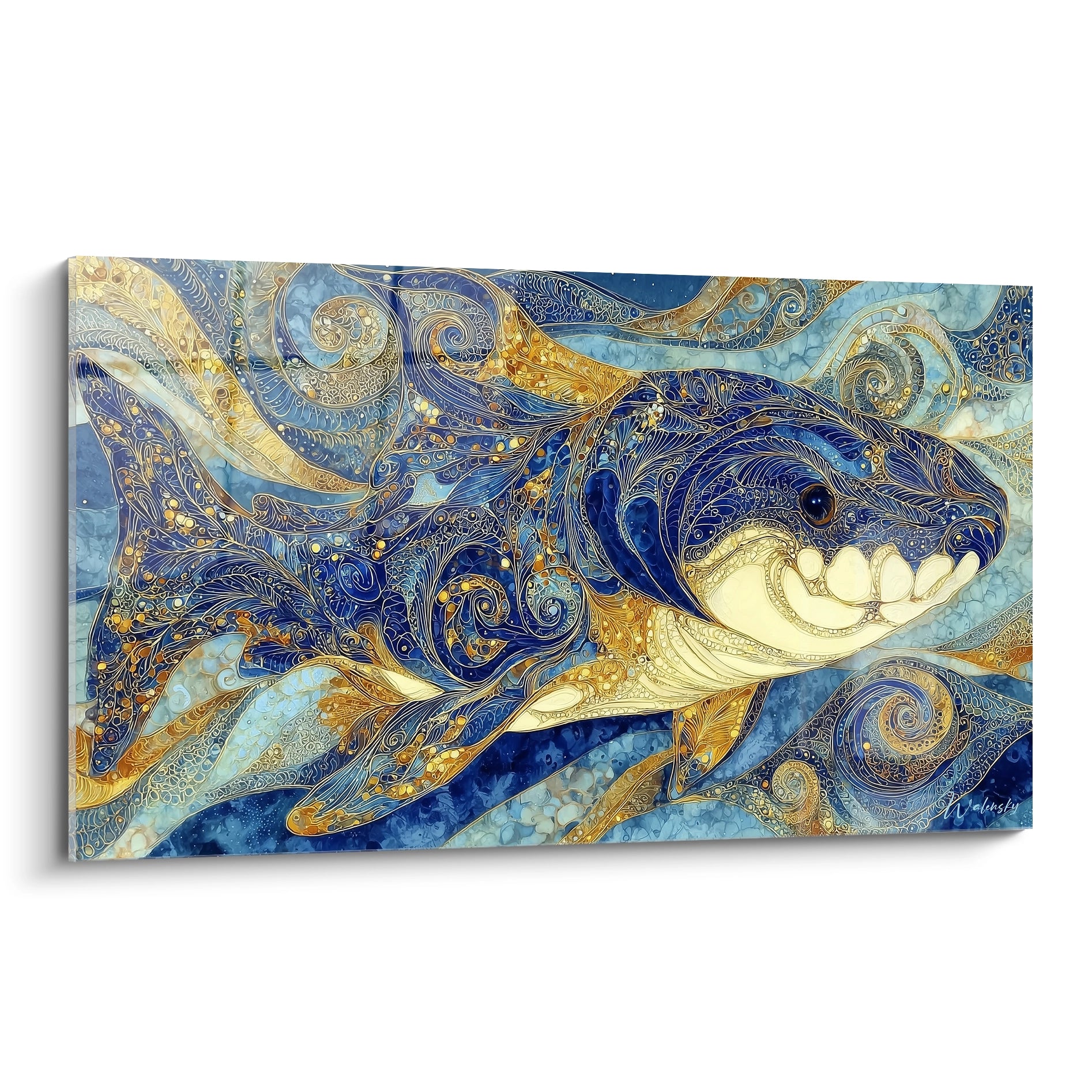 Tableau mural Dunkleosteus ornemental bleu et or style Art Nouveau décoration poisson préhistorique