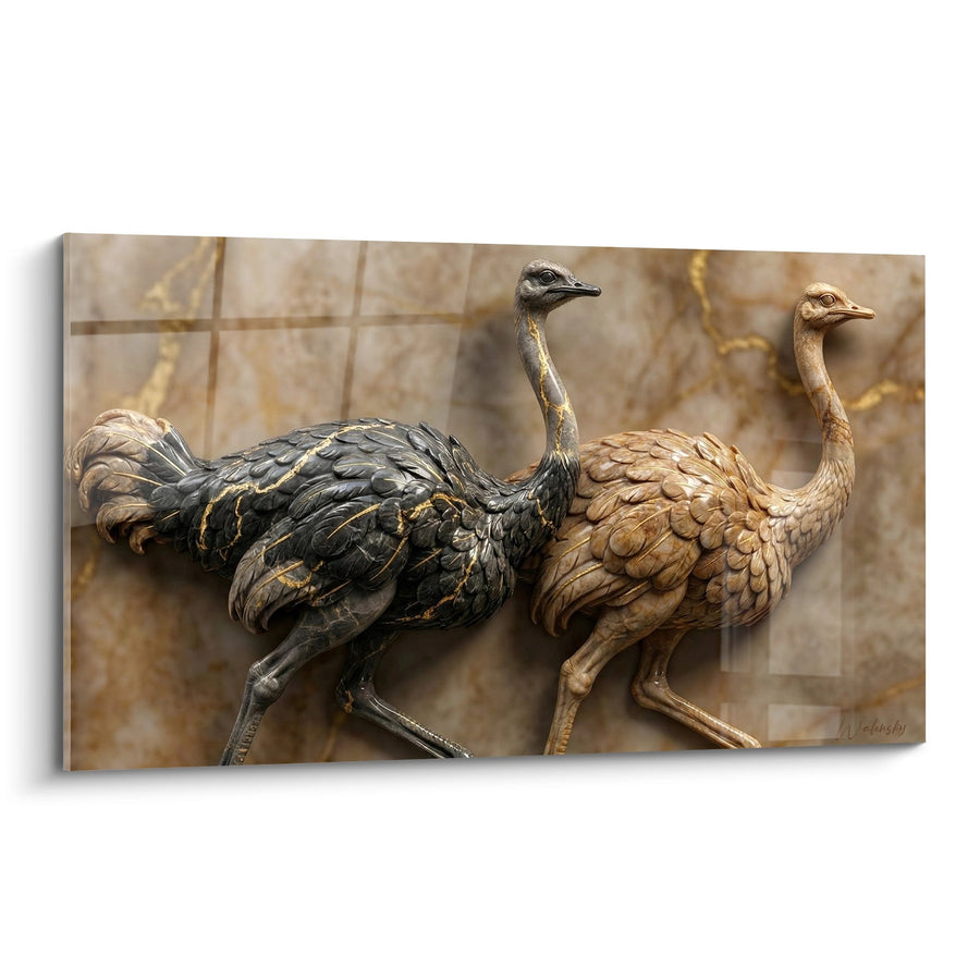 Tableau Duo d'Autruches Dorées et Noires sur Marbre - Élégance Contrastée - Edition Autruche