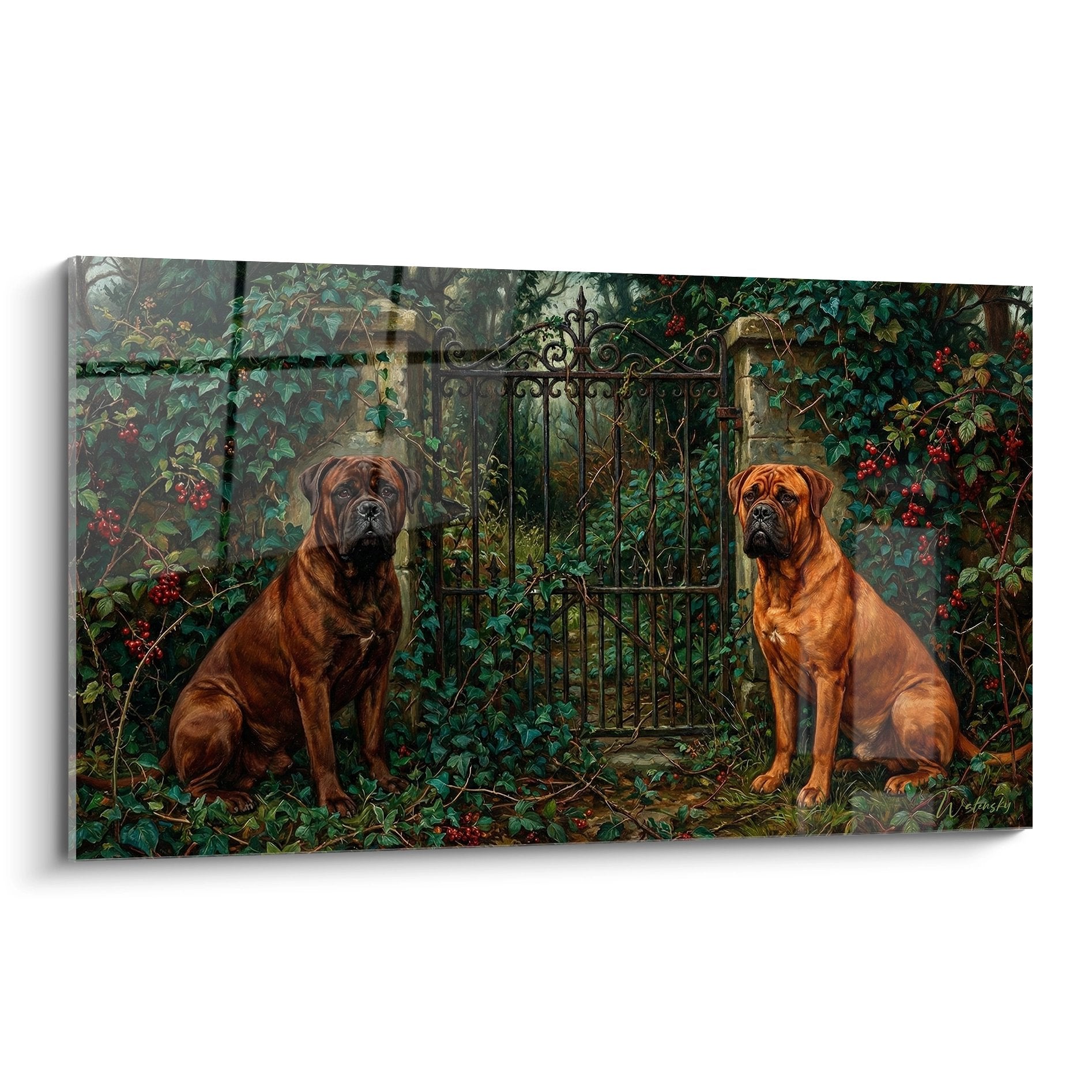 Tableau duo bullmastiffs fauves devant portail fer forge entoure vegetation luxuriante baies rouges