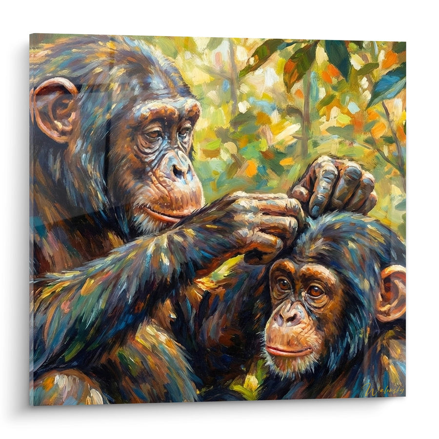 Tableau Duo de Chimpanzés dans un Échange Tendre aux Tons Dorés et Bleus - Tendresse Sauvage - Edition Chimpanzé