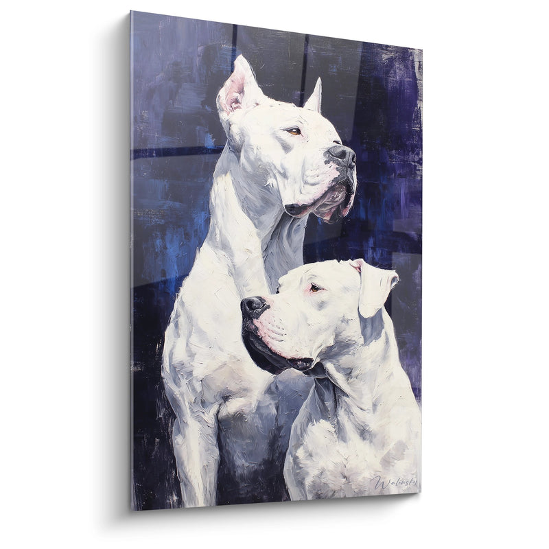 Tableau Duo de Dogues Argentins Blanc sur Fond Bleu Abstrait - Complicité Canine - Edition Dogue Argentin