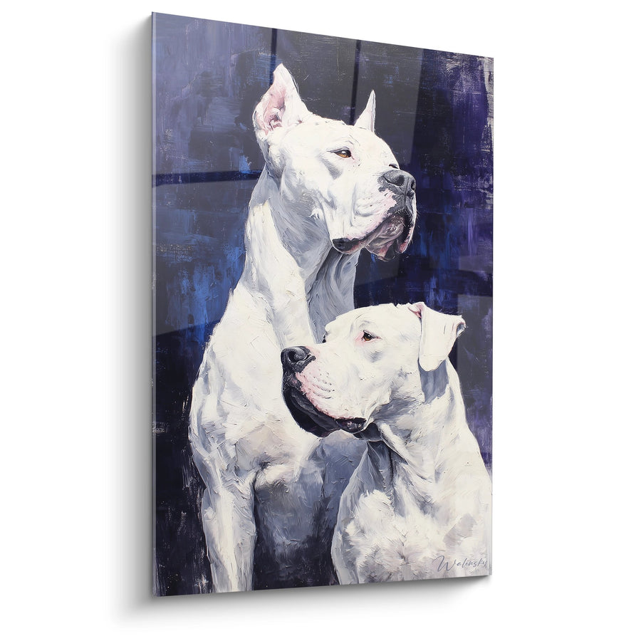 Tableau Duo de Dogues Argentins Blanc sur Fond Bleu Abstrait - Complicité Canine - Edition Dogue Argentin