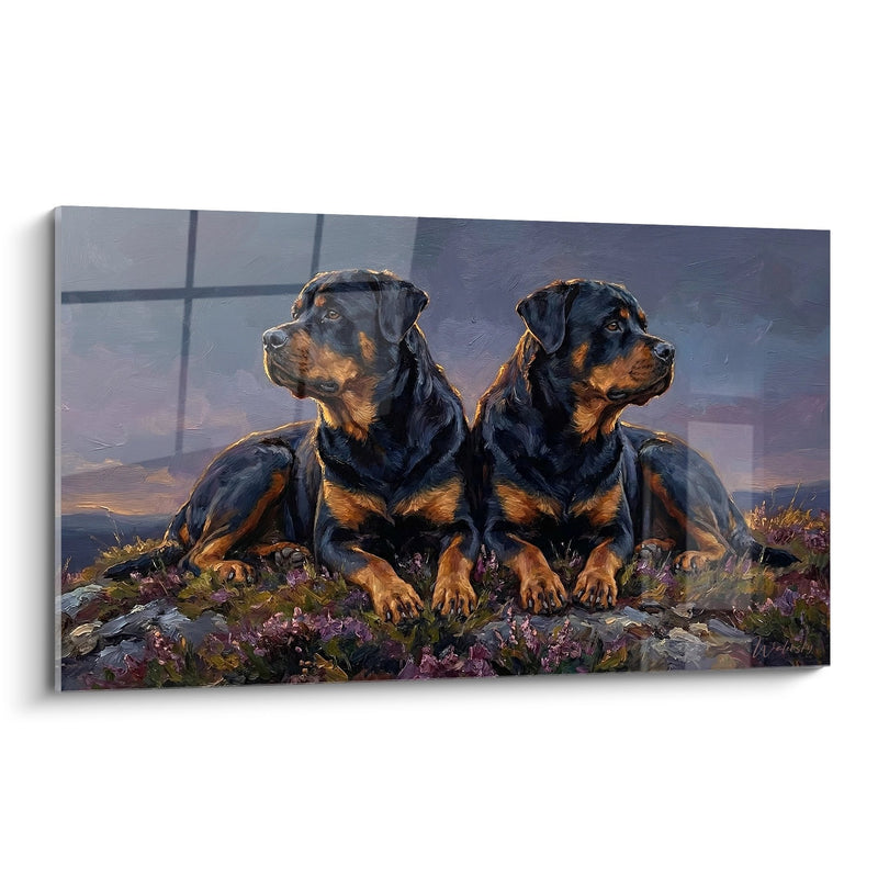 Tableau Duo de Rottweilers au Coucher du Soleil - Complicité Canine - Edition Rottweiler