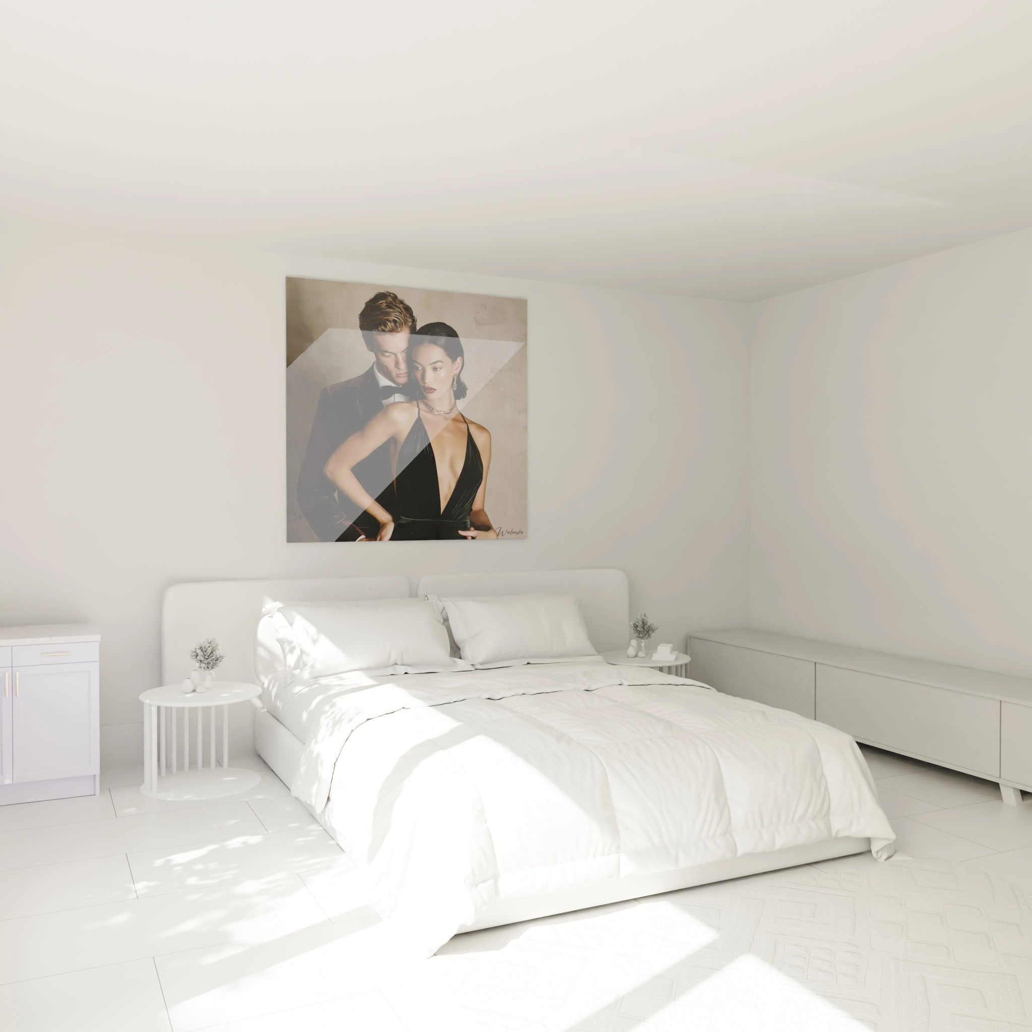 Tableau contemporain homme élégance sur un mur dans une chambre moderne et lumineuse