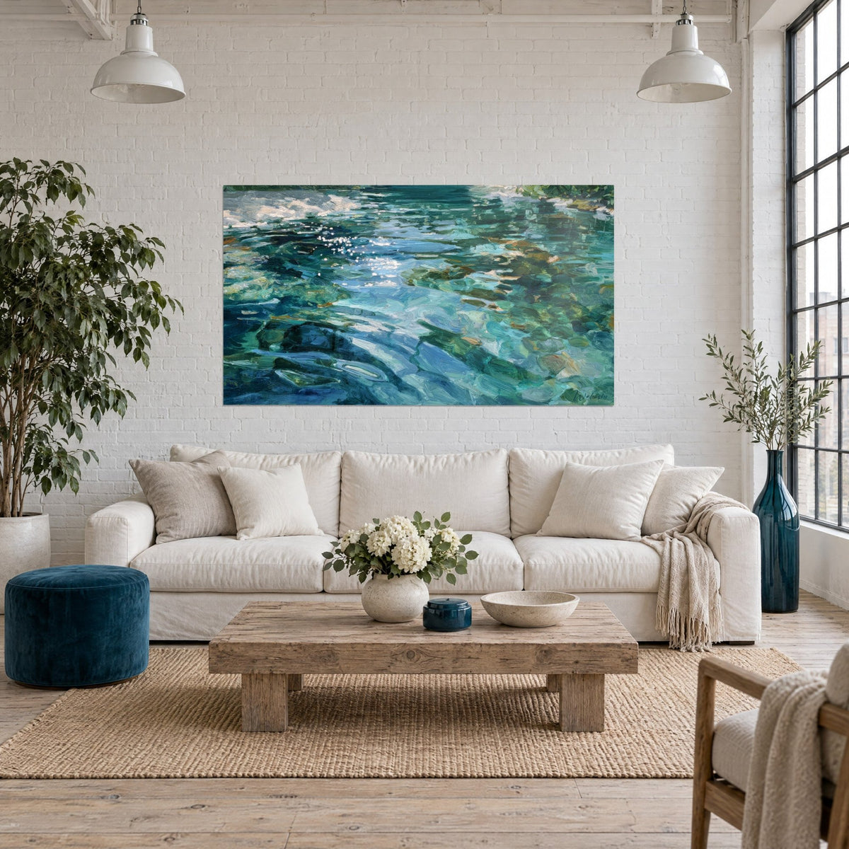 Tableau eau cristalline turquoise et émeraude, éclats blancs de lumière, coups de pinceau épais, au-dessus d'un canapé dans un salon lumineux