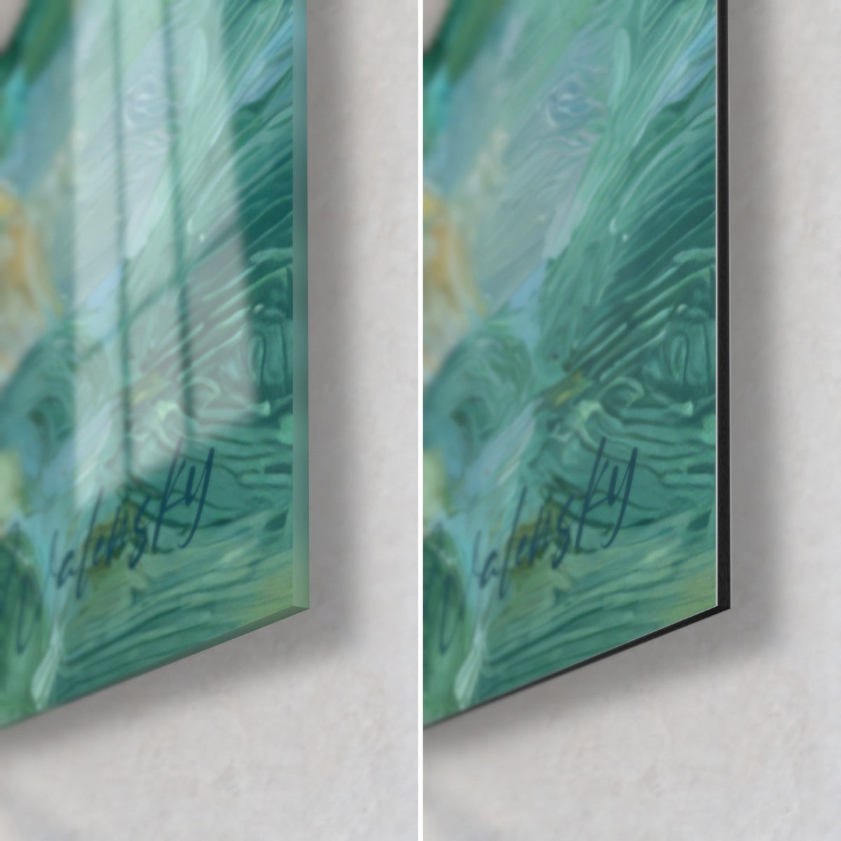 Tableau onde turquoise et vert profond, coin bas droit : verre acrylique brillant à gauche, alu Dibond mat à droite, tranche de 3 mm