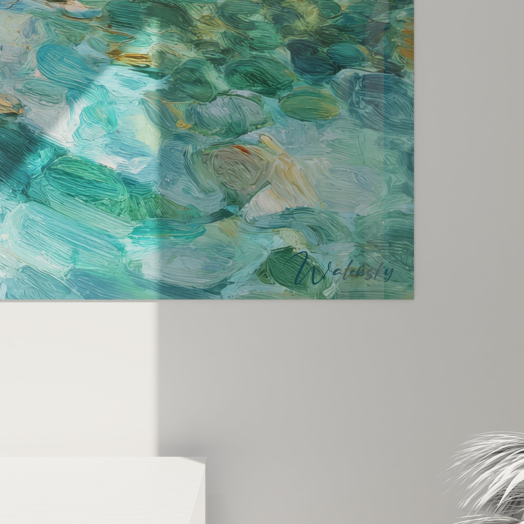 Vue ensemble tableau eau cristalline impressionniste avec effets lumière et transparence aquatique