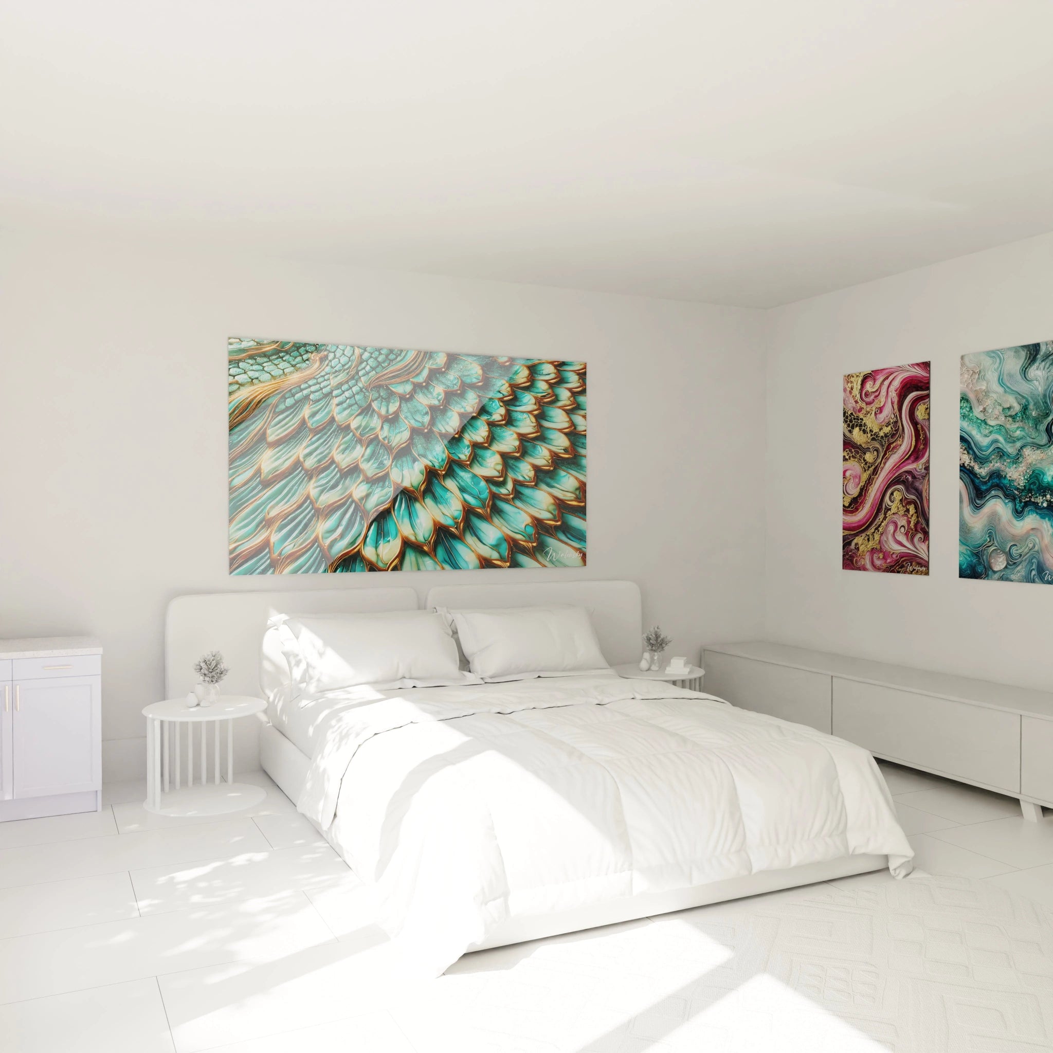 Accroché au mur de la chambre, ce tableau style epoxy avec des écailles dorées et turquoise évoque la sagesse des dragons, créant une ambiance sereine et luxueuse.

