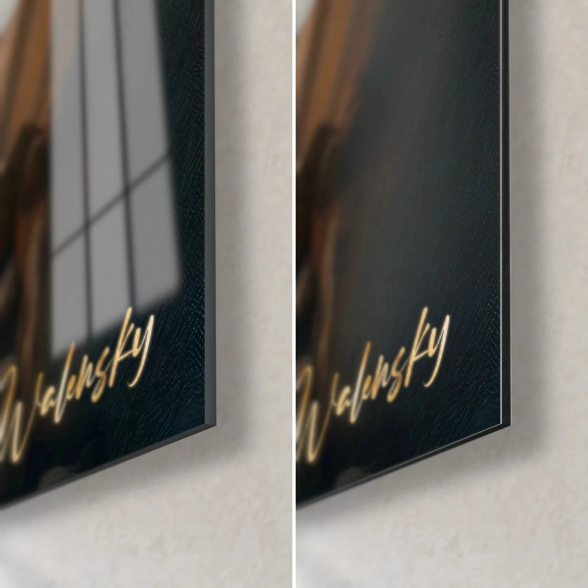 Tableau baie paradisiaque, coin bas droit : verre acrylique brillant reflétant la fenêtre, Dibond noir mat, tranche de 3 mm