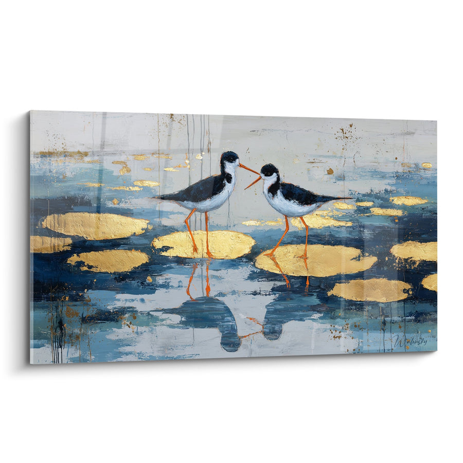 Tableau Oiseaux échassiers aux reflets dorés sur plan d'eau bleu - Harmonie aquatique - Edition Feng shui Nord Eau