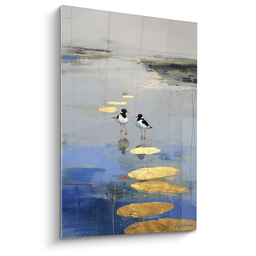 Tableau oiseaux échassiers sur étang aux tons bleus et dorés - Sérénité aquatique - Edition Feng shui Nord Eau