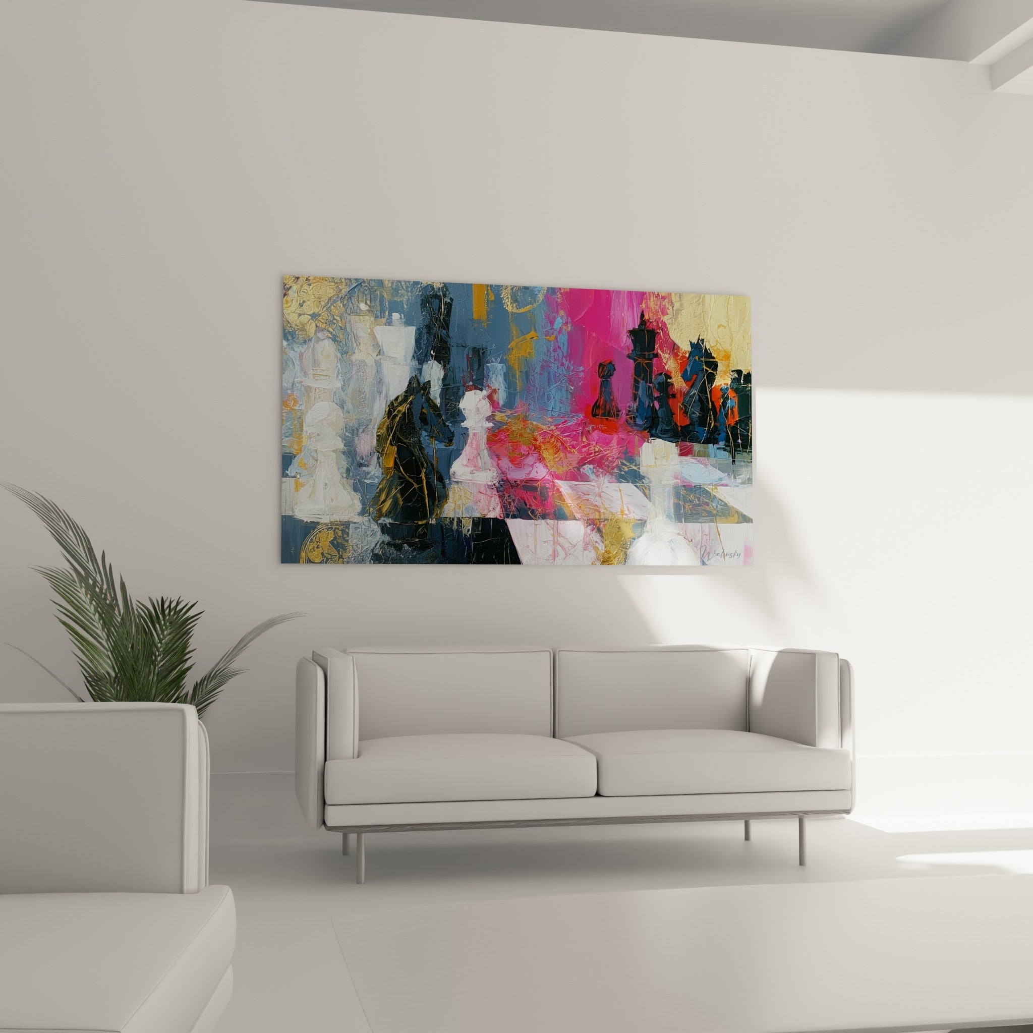 Composition d'échecs dorée et fuchsia au-dessus d'un canapé dans un salon lumineux