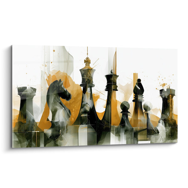 Tableau Pièces d'échecs anthracite et ocre en rangée - Silence stratégique - Edition Echecs
