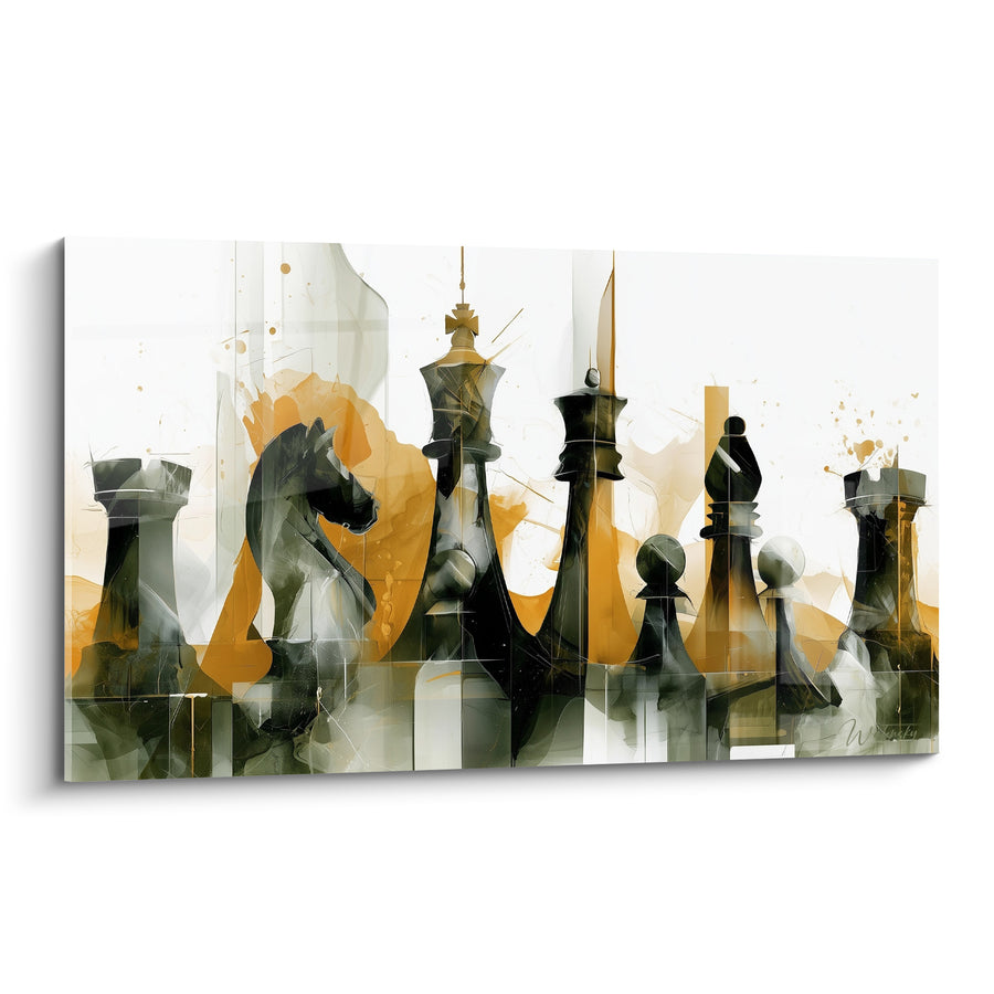 Tableau Pièces d'échecs anthracite et ocre en rangée - Silence stratégique - Edition Echecs