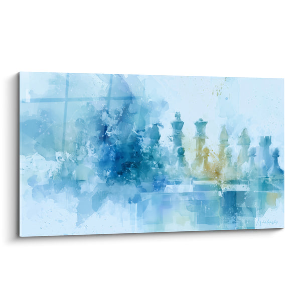 Tableau Pièces d'échecs bleu et doré aquarelle - Stratégie silencieuse - Edition Echecs