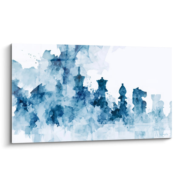 Tableau Pièces d'échecs bleu et blanc dissoutes en vapeur - Ligne de cavaliers émergents - Edition Echecs