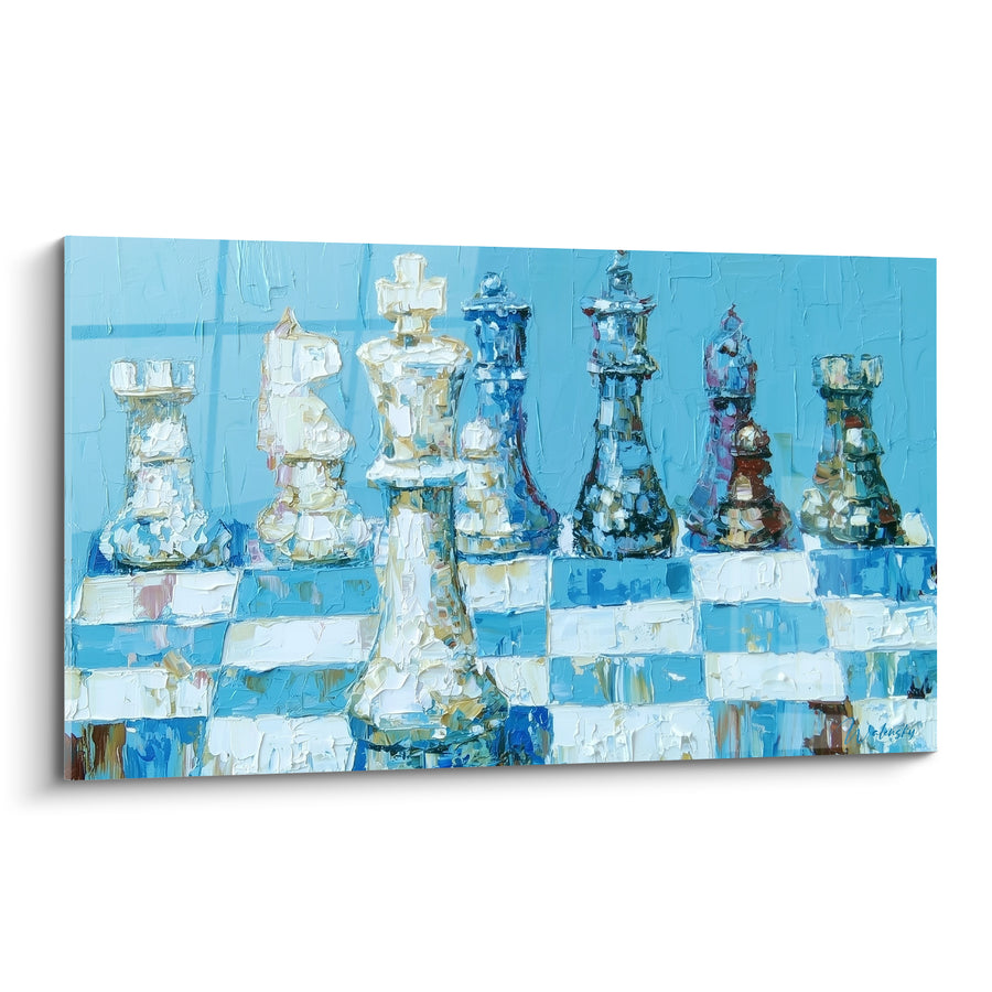 Tableau Pièces d'échecs bleu ciel et blanc empâtées - Tension avant le coup - Edition Echecs