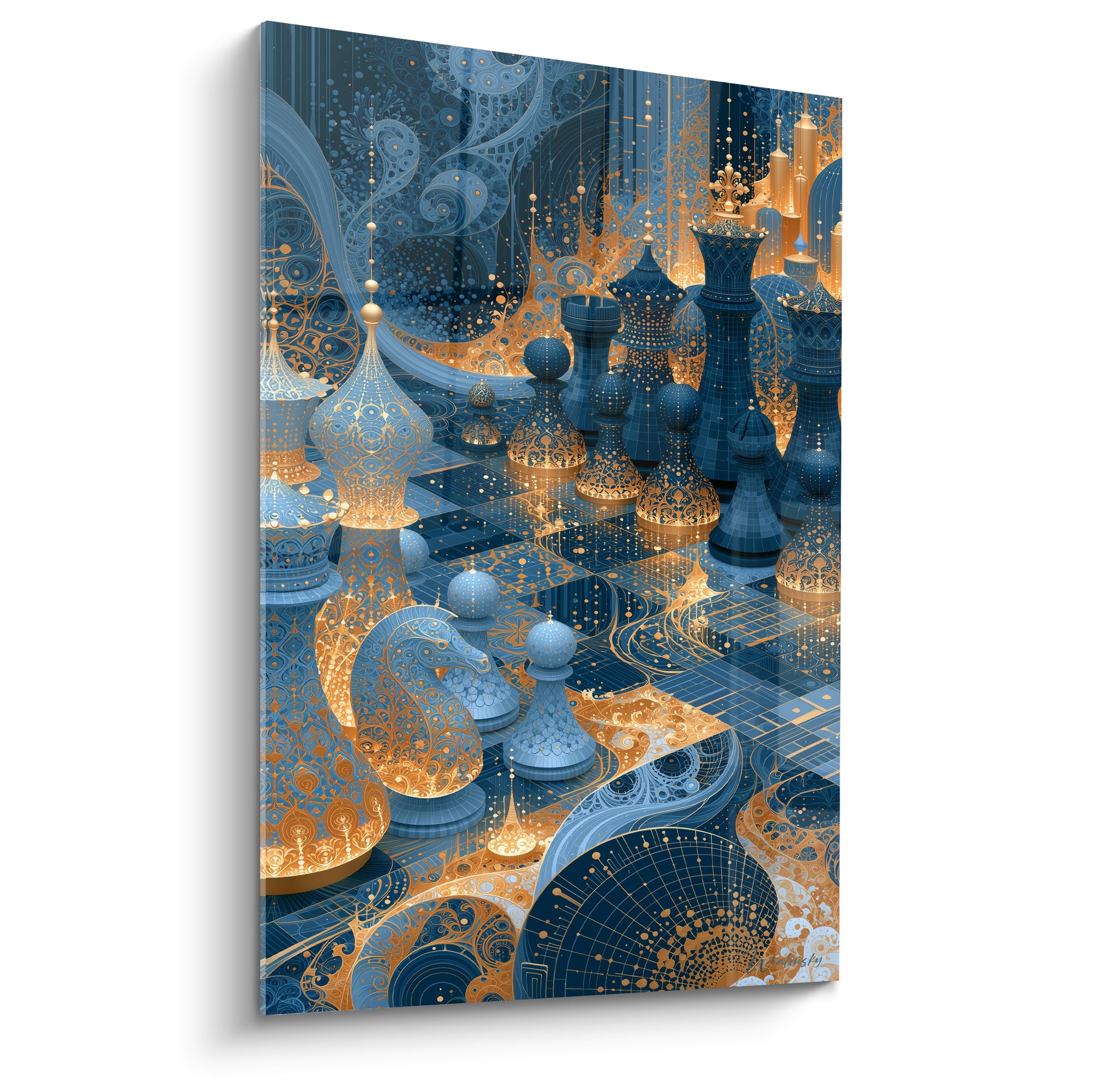 Échiquier bleu marine et doré aux pièces ornementées, motifs filigranés éclatants sur plateau nocturne