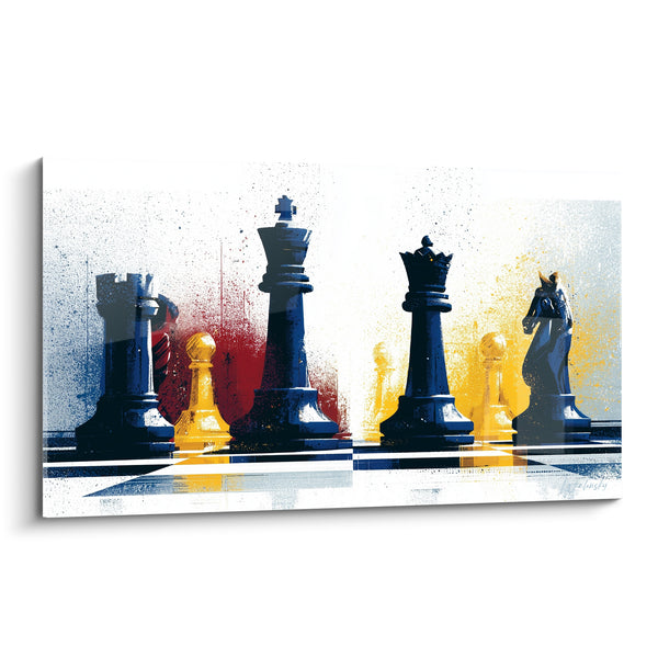 Tableau Pièces d'échecs bleu marine et jaune moutarde - Tension stratégique - Edition Echecs