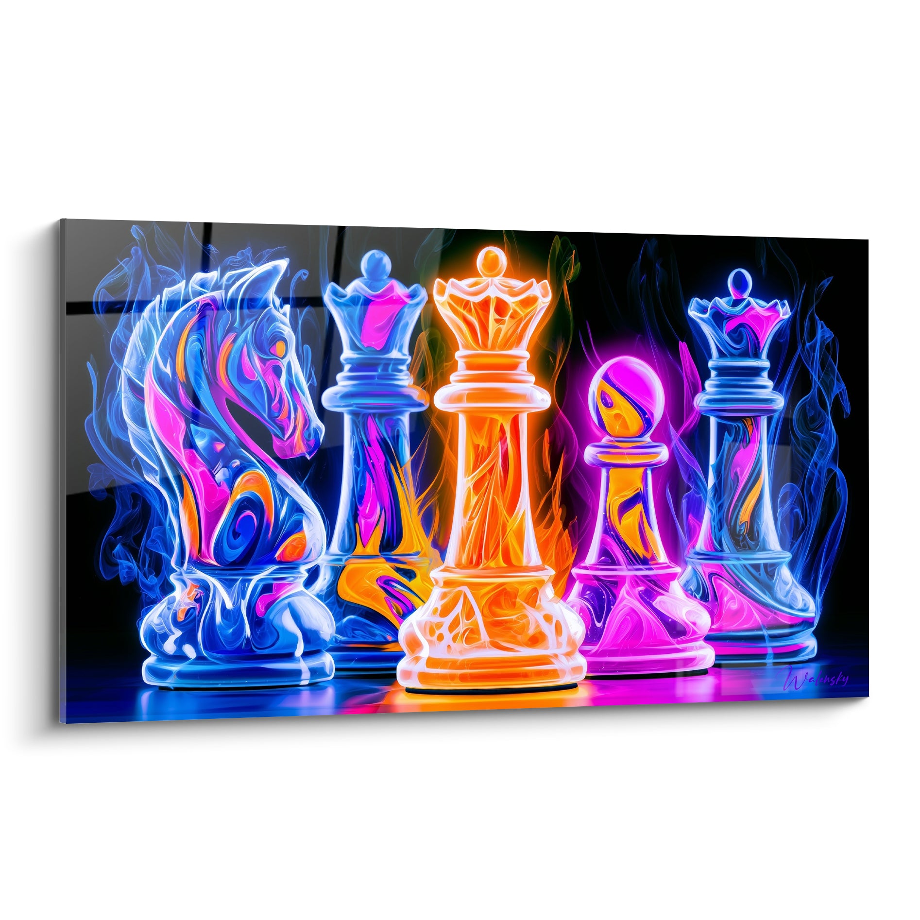 Pièces d'échecs bleu électrique et orange flamboyant sur fond noir, effet flamme vibrant