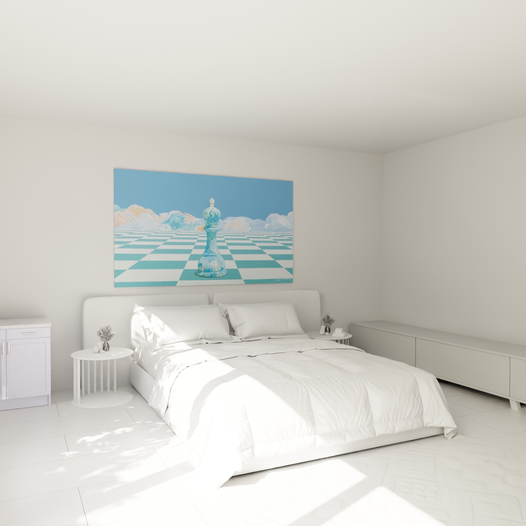 Reine d'échecs bleu pastel et ocre au-dessus d'un lit dans une chambre claire, échiquier turquoise en fond
