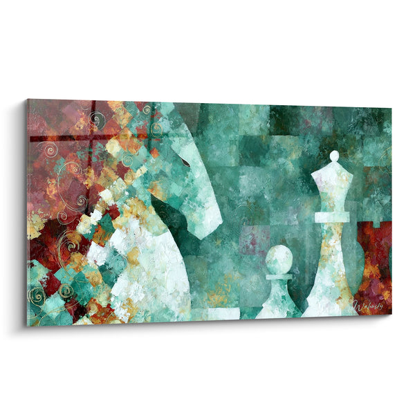 Tableau Cavalier turquoise et rouille aux volutes dorées - Pion et reine blanche - Edition Echecs