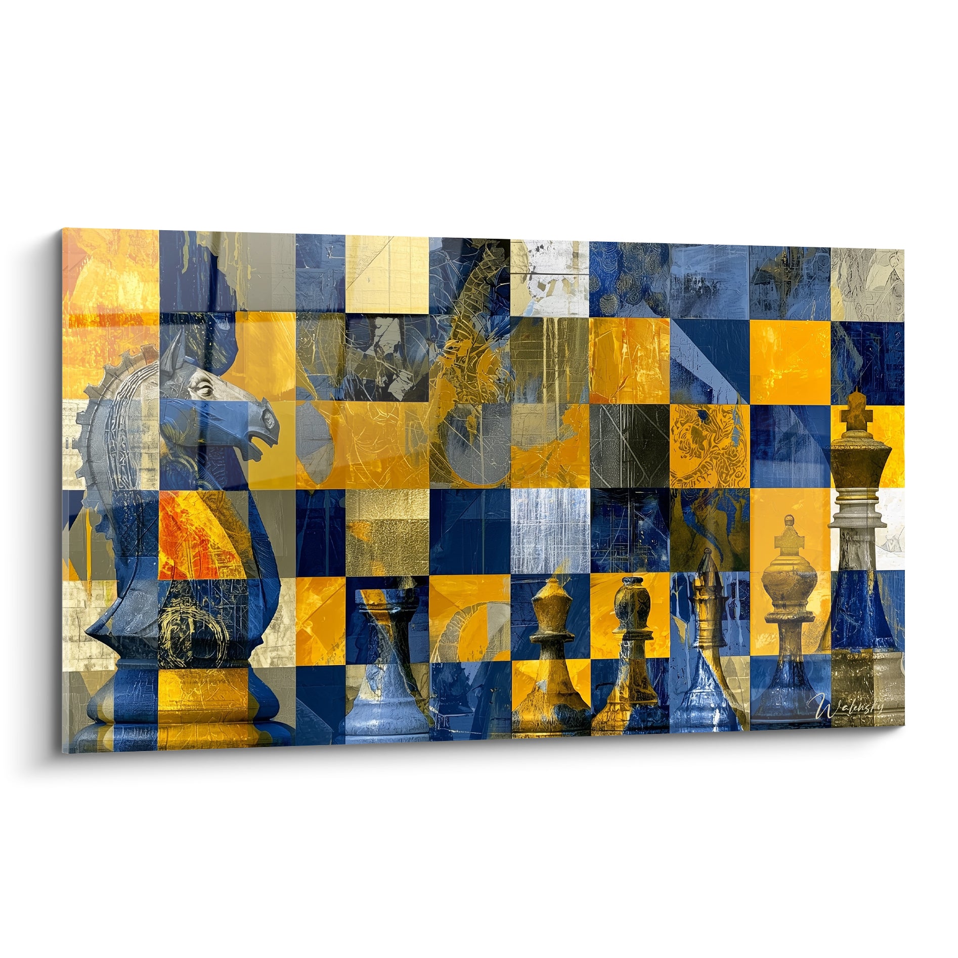 Cavalier d'échecs bleu marine et pièces dorées sur fond patchwork géométrique éclatant