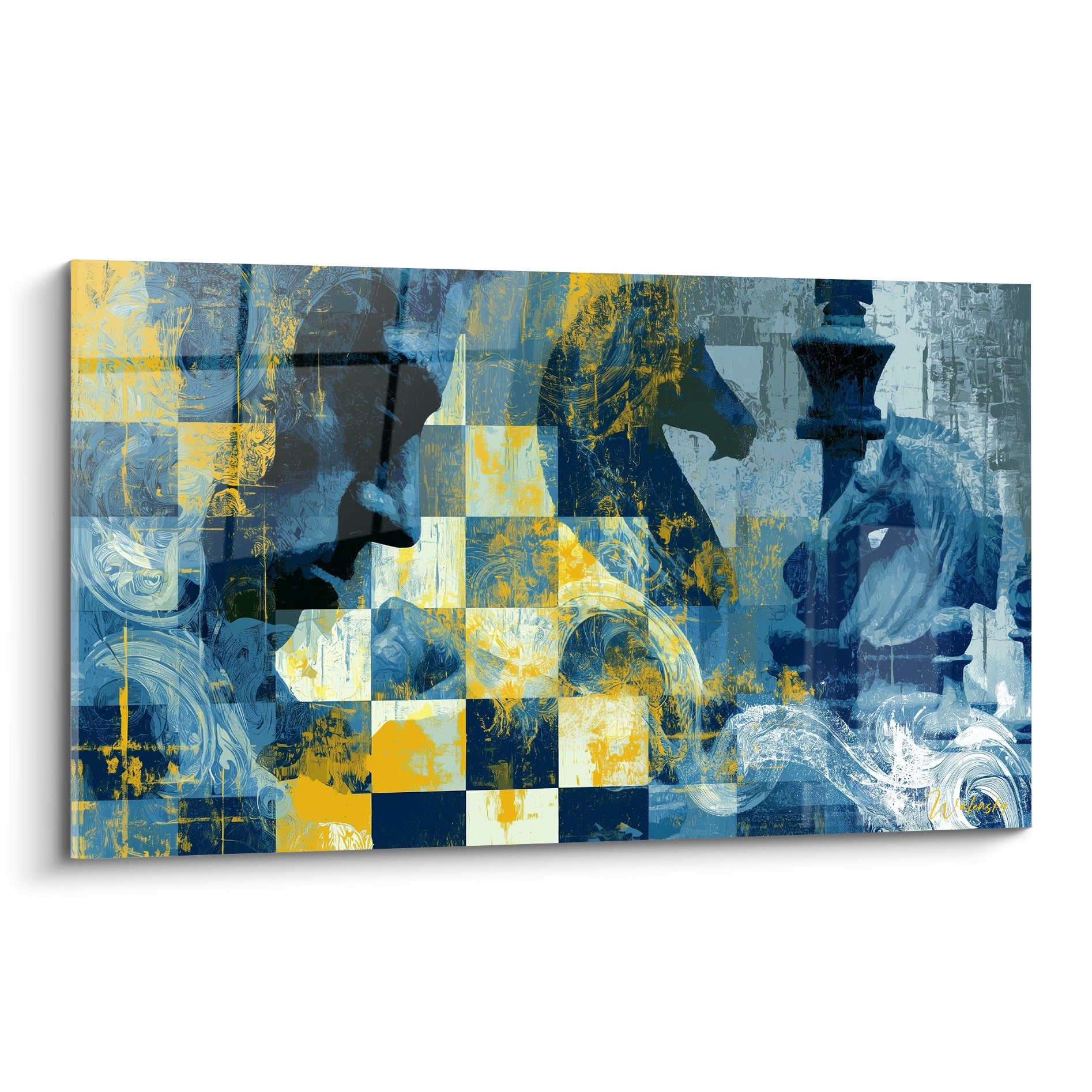 Cavalier et roi d'échecs en bleu marine et jaune ocre sur damier stylisé
