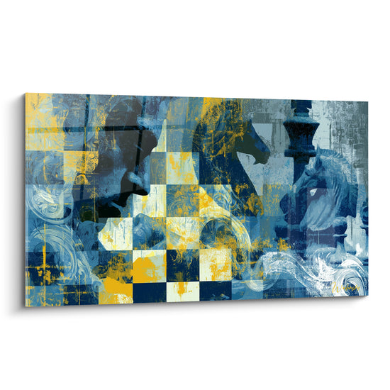 Cavalier et roi d'échecs en bleu marine et jaune ocre sur damier stylisé