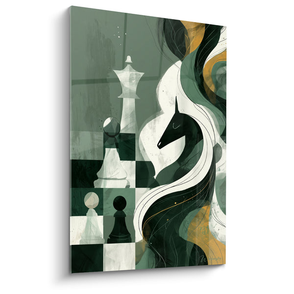 Tableau Cavalier vert et blanc aux volutes dorées - Stratégie en mouvement - Edition Echecs