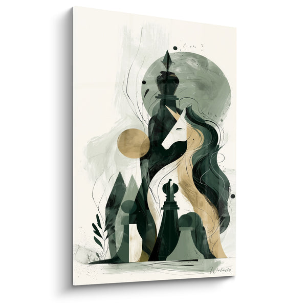 Tableau Cavalier vert sapin et doré à crinière fluide - Silhouette de licorne - Edition Echecs