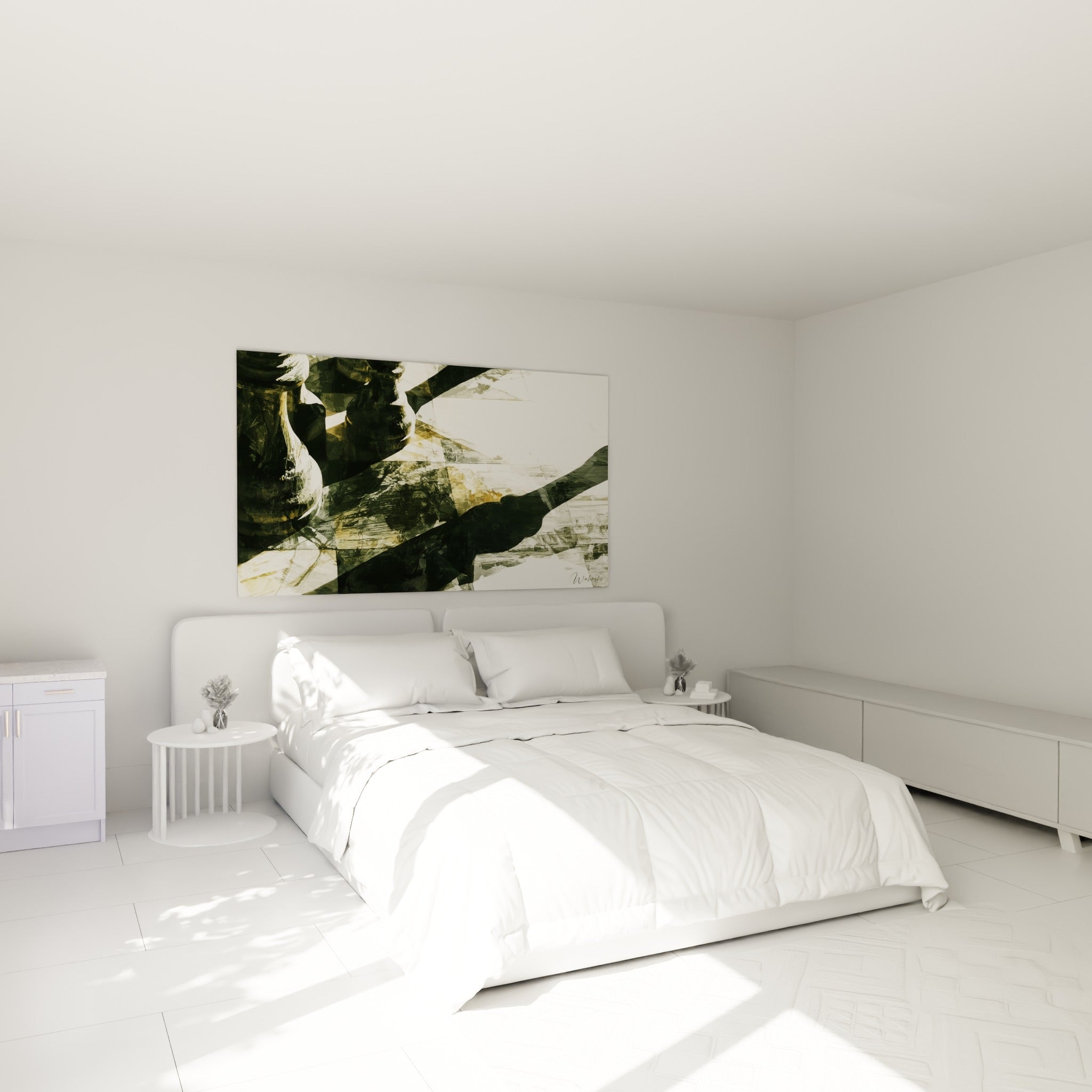Silhouettes de cavaliers d'échecs anthracite et ocre au-dessus d'un lit dans une chambre claire