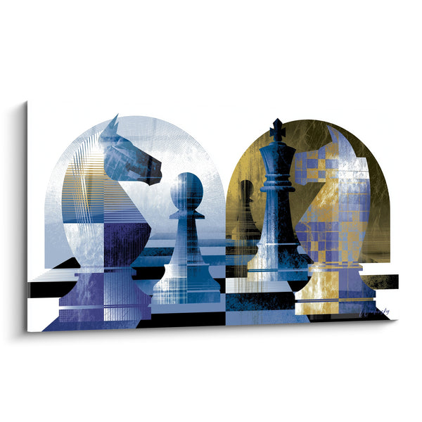 Tableau Cavaliers bleu et doré aux arches géométriques - Pions et roi noir - Edition Echecs