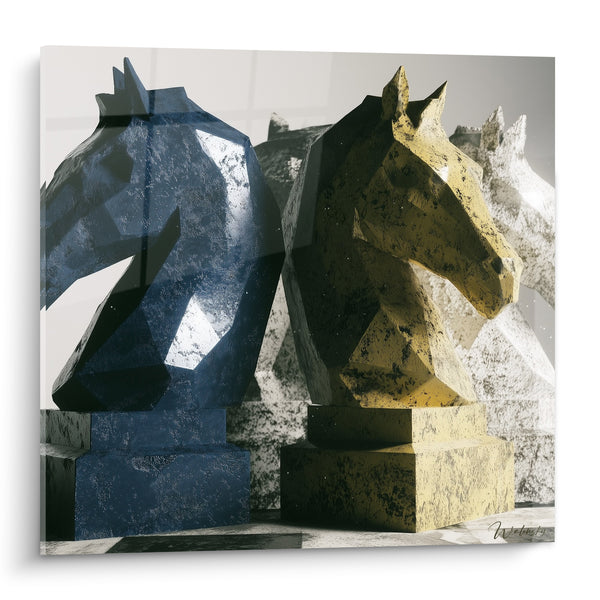 Tableau Cavaliers bleu marine et doré facettés - Duel de rois - Edition Echecs