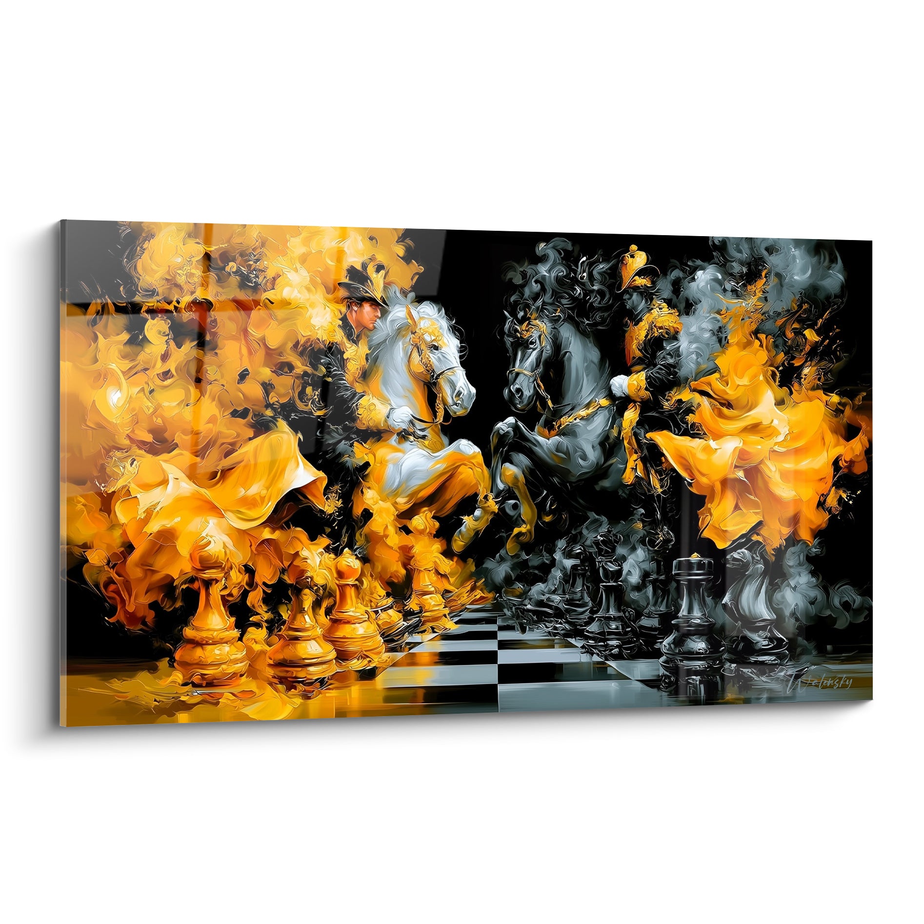 Duel équestre sur échiquier, flammes dorées et fumée anthracite, tableau échecs vibrant