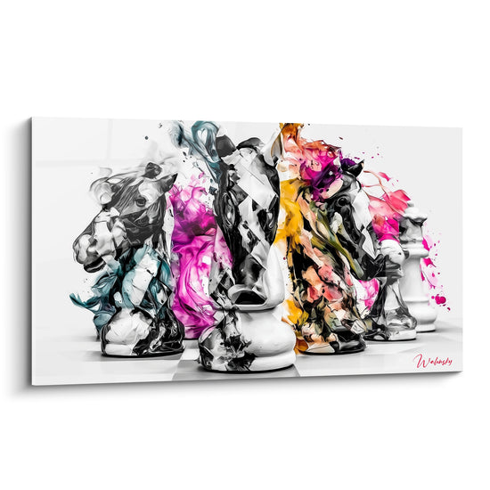 Cavaliers d'échecs noirs éclaboussés de rose fuchsia et de doré sur fond blanc épuré
