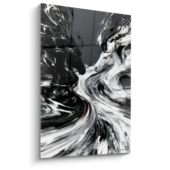 Cavaliers d'échecs noir et blanc fusionnés dans un tourbillon de peinture anthracite et blanche
