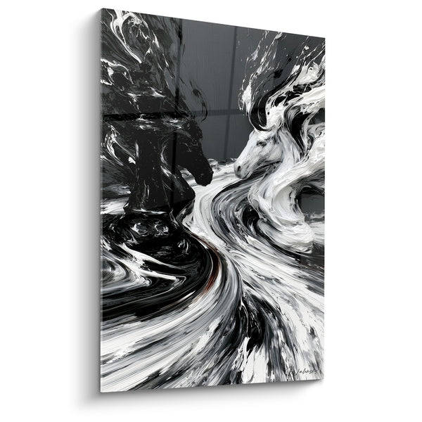 Tableau Cavaliers noir et blanc aux volutes tourbillonnantes - Crinières en mouvement fluide - Edition Echecs