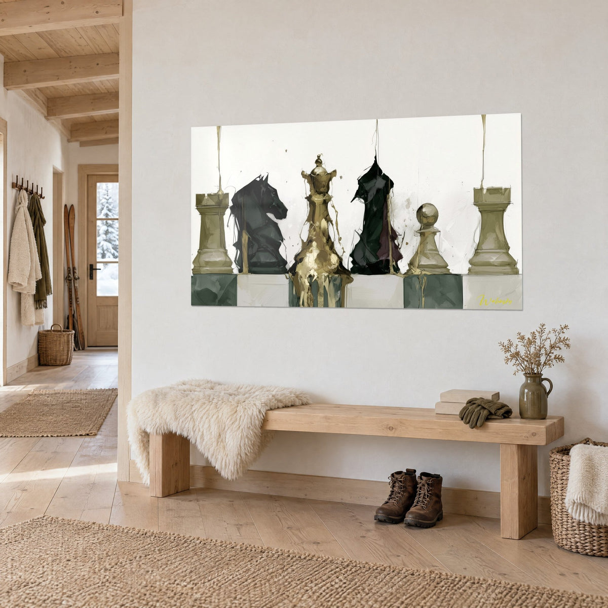 Wall art flowing golden queen flanked by khaki rooks and a round pawn, off-white background, three-quarter view of a chalet-style wooden bench