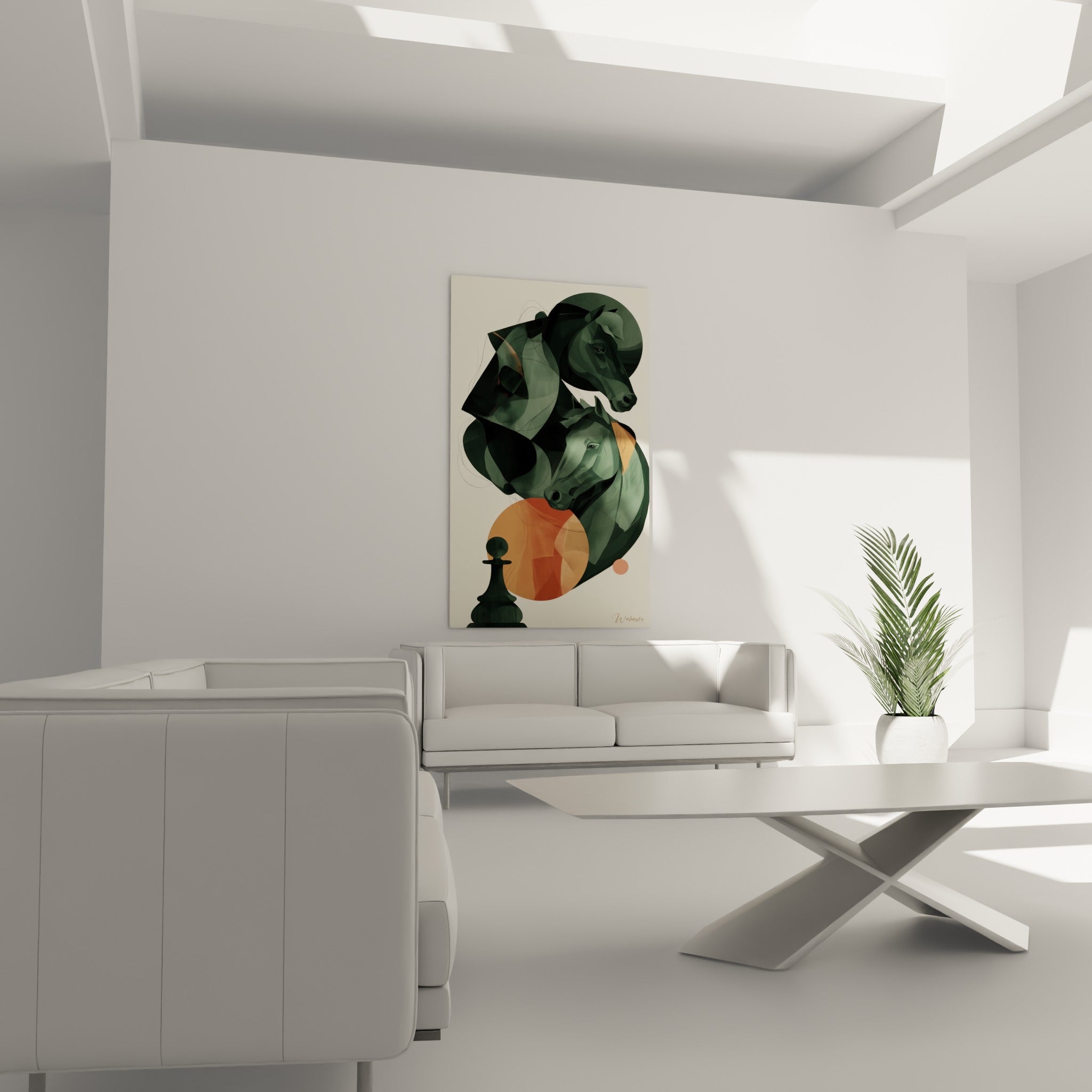 Têtes de cavaliers anthracite et cercle orangé, tableau échecs au-dessus d'un canapé dans un salon lumineux