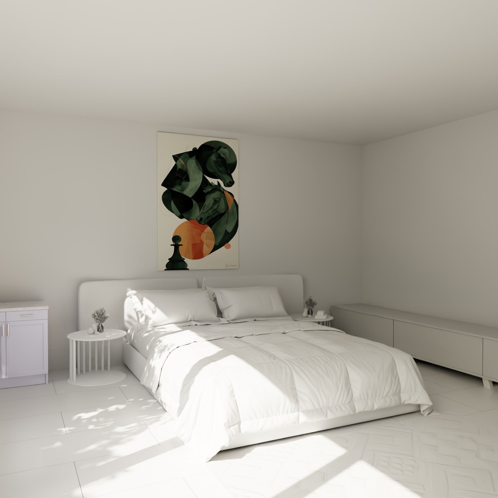 Chevaux stylisés vert profond et terracotta, œuvre échecs au-dessus d'un lit dans une chambre claire