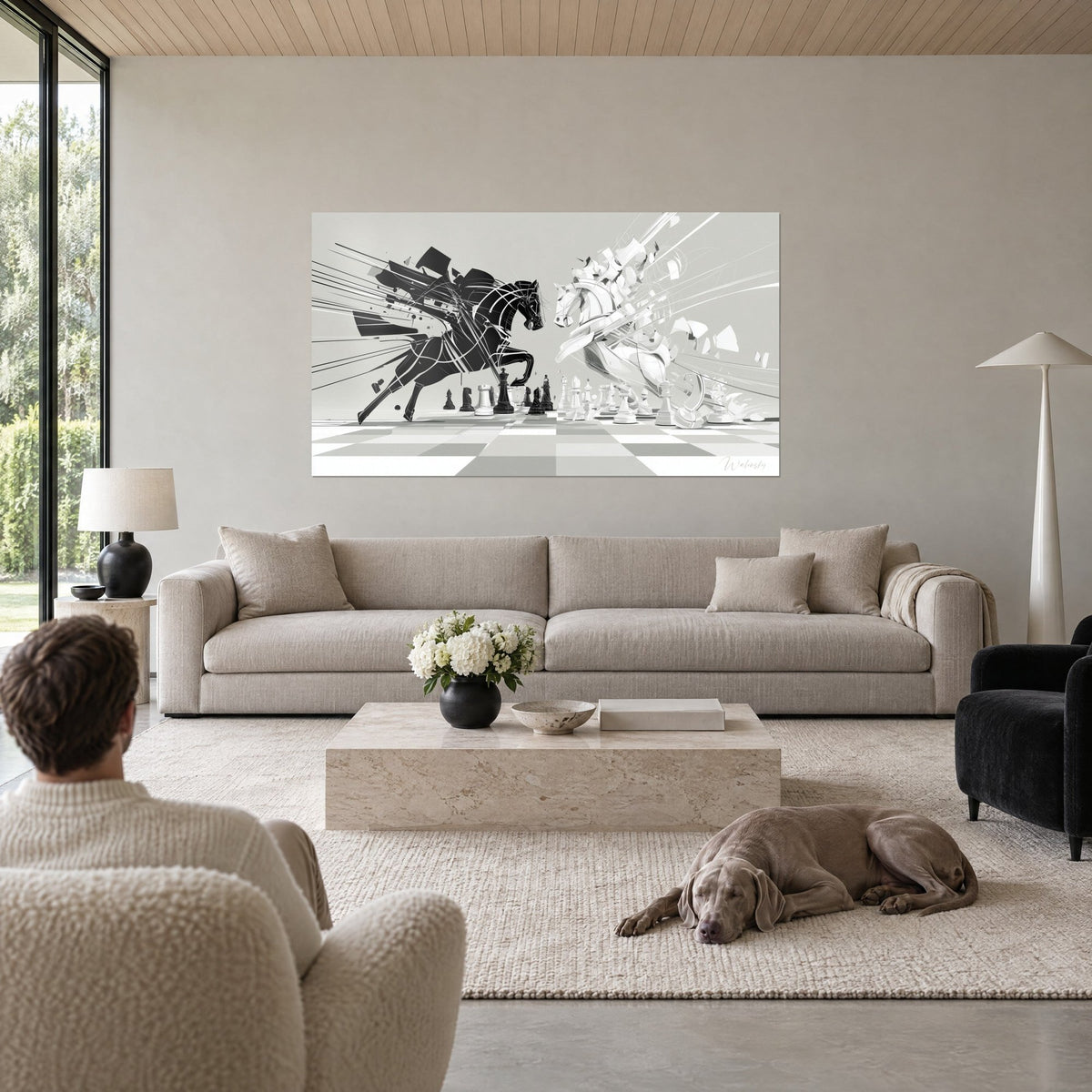 Wall art black and white horses duel facing each other on a grey chessboard, vector shards, above a sofa in a bright living room