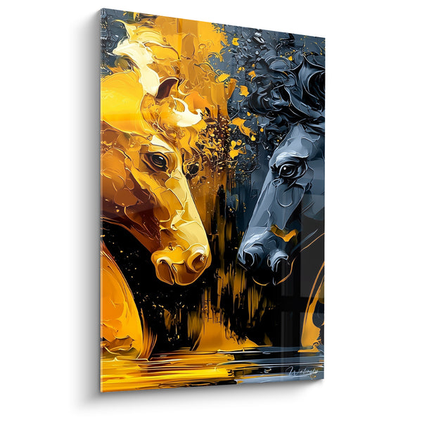 Tableau Chevaux dorés et gris face à face - Crinières éclaboussées - Edition Echecs